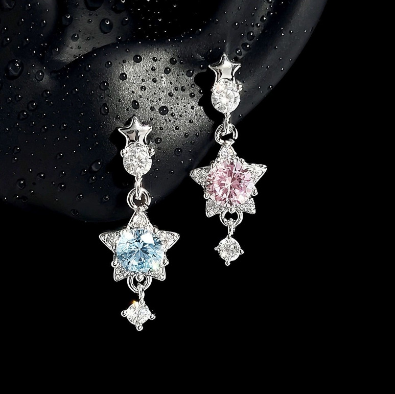 Mengfux Store Blue and Pink Star Titanium Steel Earrings Pendant Ear Bone Studs Sparkling Earrings Tassel Earrings