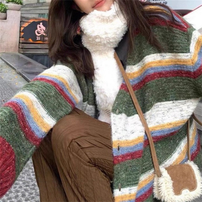 秋冬新款韩版撞色针织衫女宽松慵懒风休闲氛围感中长款彩虹条毛衣|undefined