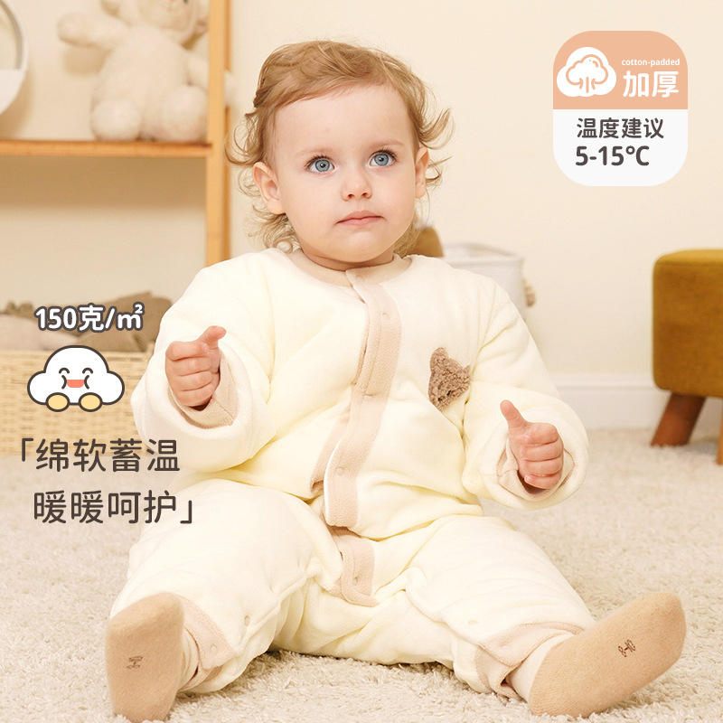 嬰兒連體衣秋冬裝寶寶外出加厚保暖搖粒絨爬服新生兒哈衣小熊款