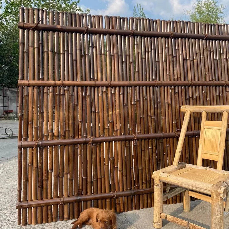 Carbonized bamboo fence for landscaping, outdoor garden white bamboo outdoor partition, courtyard bamboo pole wall fence, handmade