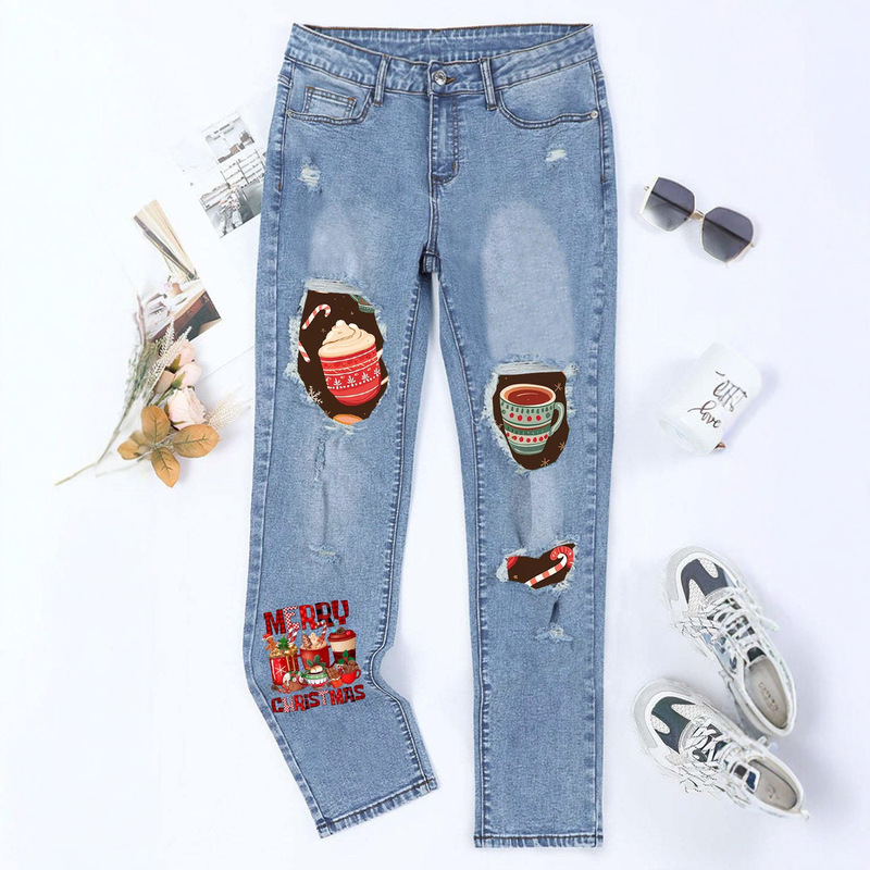 European and American Cross-Border Amazon Independent New Ripped Printed Casual Straight Mid-Waist Women's Washed Jeans