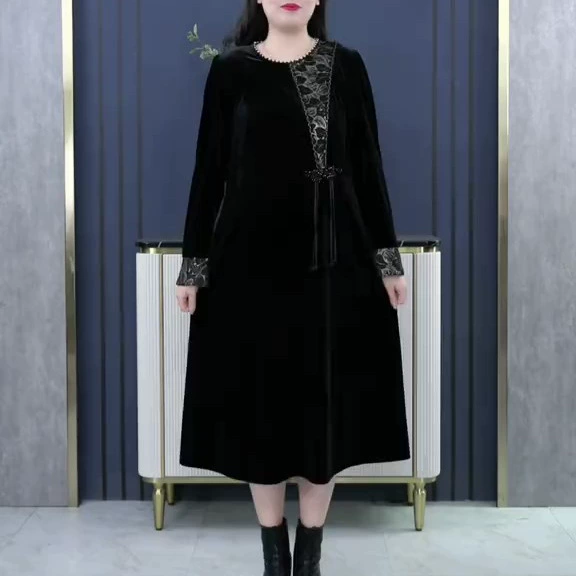 Осень и зима большой размер толстый MM высокий бархатный темперамент тонкий ретро с пряжкой национальный стиль комбинезон юбка средних лет мама женская одежда