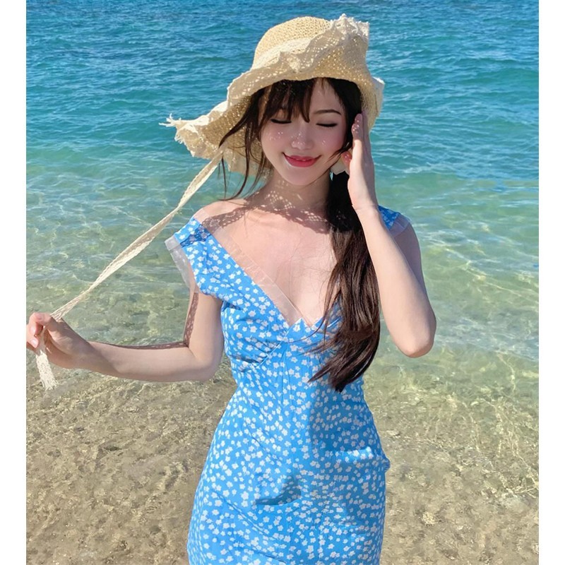 ティーブレイクフレンチフローラルVネックノースリーブドレス女性用夏の海辺の休暇気質Aラインユニークで美しい小さなスカート|undefined