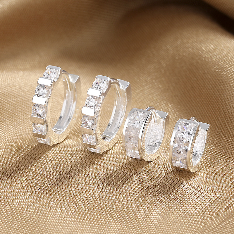 S925 Silver Circle Men's Zircon Earrings Niche Design Earrings Women's Stacked Simple Single Row Square Diamond Cross-Border Earrings