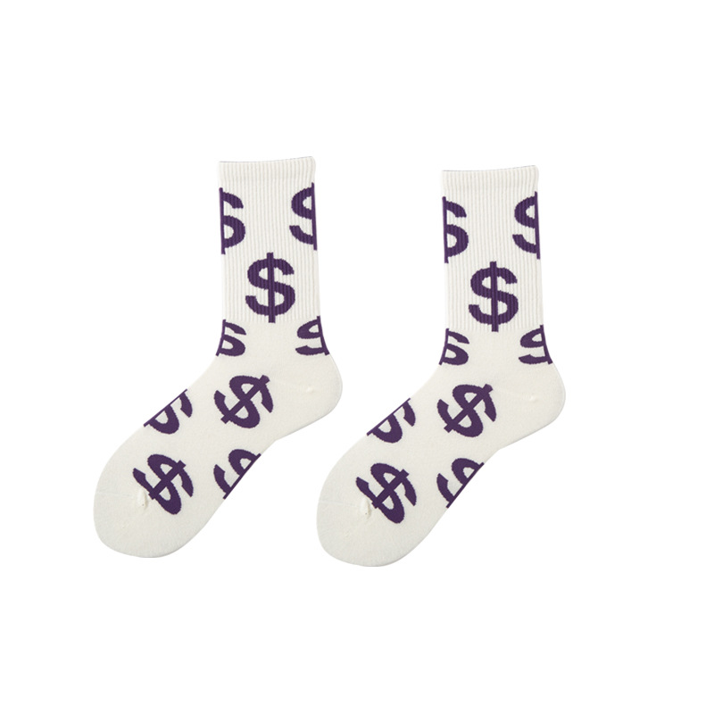 Mid-Calf Socks for Men and Women, Dollar-Themed, European and American Street Style Skateboard Socks, Hip-Hop, Trendy Internet Celebrity Socks, Wholesale from Manufacturer, Versatile Ins-Style