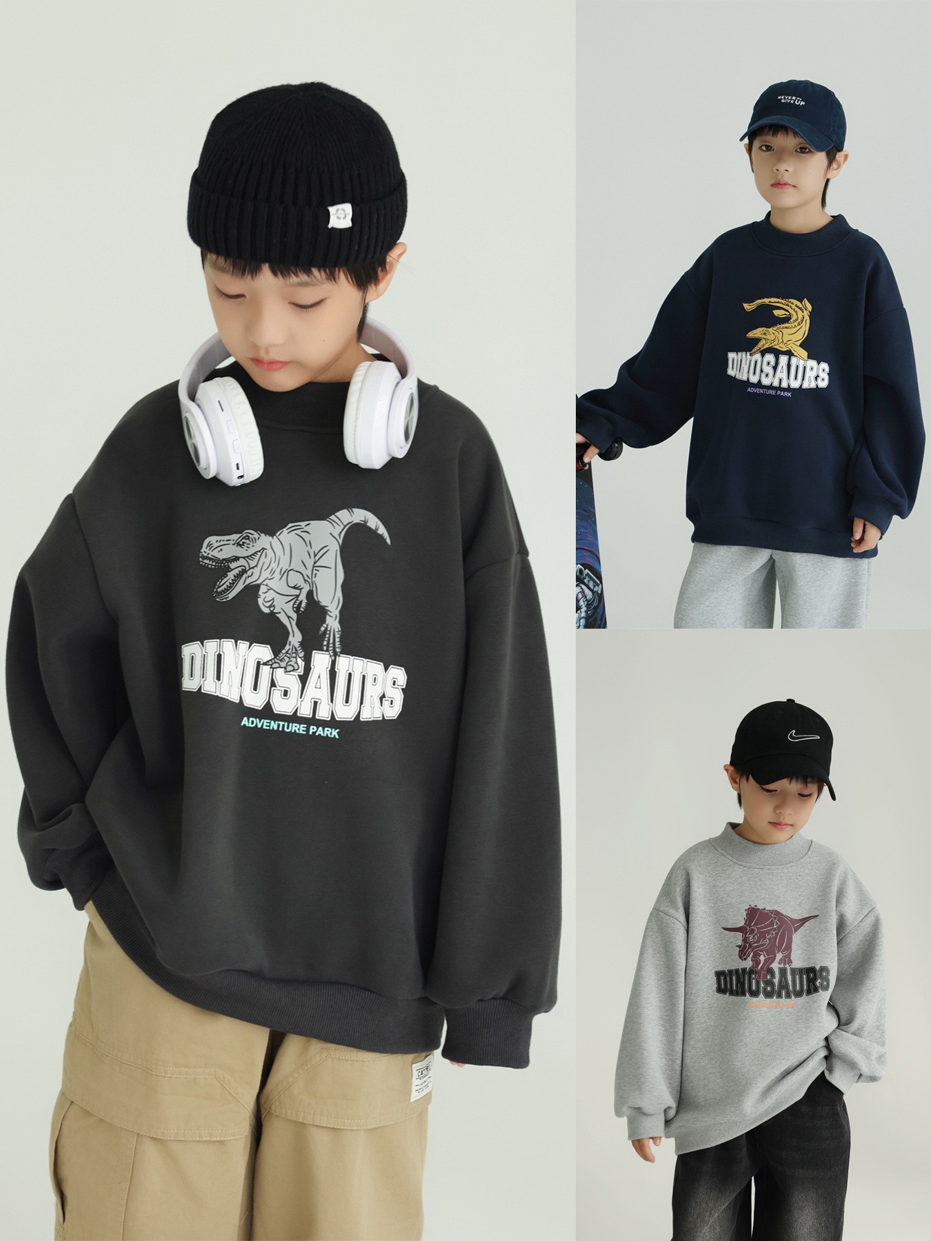 2024 winter new medium and large children thickened warm coat boys western style dinosaur printing single-layer fleece-lined casual sweatshirt