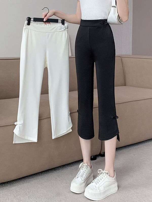 Women's Summer Thin Flared Pants, Plus-Size Cropped Casual Straight-Leg Suit Pants, Sporty Wide-Leg Pants