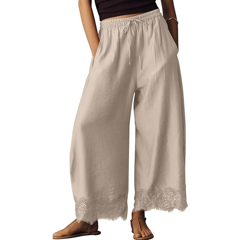 European and American Cross-Border Women's Color-Block Lace-Trimmed Wide-Leg Pants 2026 Spring/Summer Lightweight Cropped Pants Amazon Casual Pants