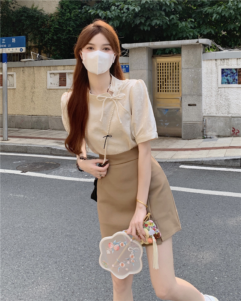 时尚套装女2022年夏新中式旗袍上衣高腰设计感开叉半身裙子两件套