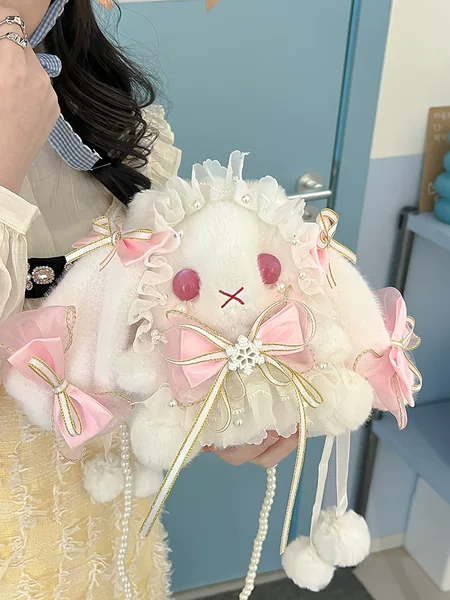 Bucket Rabbit Bag Lolita Hand-made Rabbit Drawstring Crossbody Bag Large Capacity Cute Lolita Doll JK Shoulder Bag