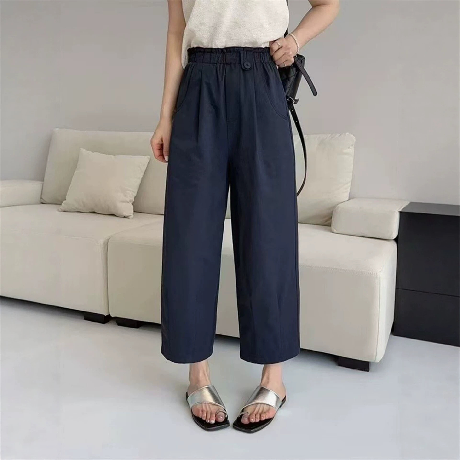 Navy blue floral print pants for women, new autumn collection, plus size, high-waisted, slimming, loose fit, cropped, casual harem-style straight-leg pants