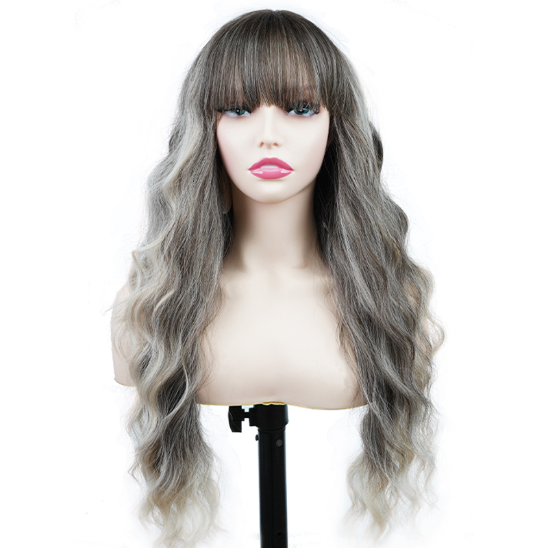 Synthetische Perücke, Chemiefaser-Perücke, komplettes Set, Farbverlauf, grau, gerader Pony, tiefe Welle, lange lockige Haarperücken_voghion.com