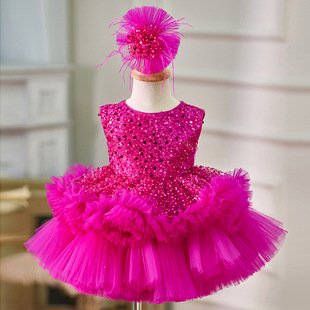 Baby's First Birthday Dress 2025 New Model Rose Red Sequin Puffy Tulle Princess Dress Aliexpress Foreign Trade Girls' Dress