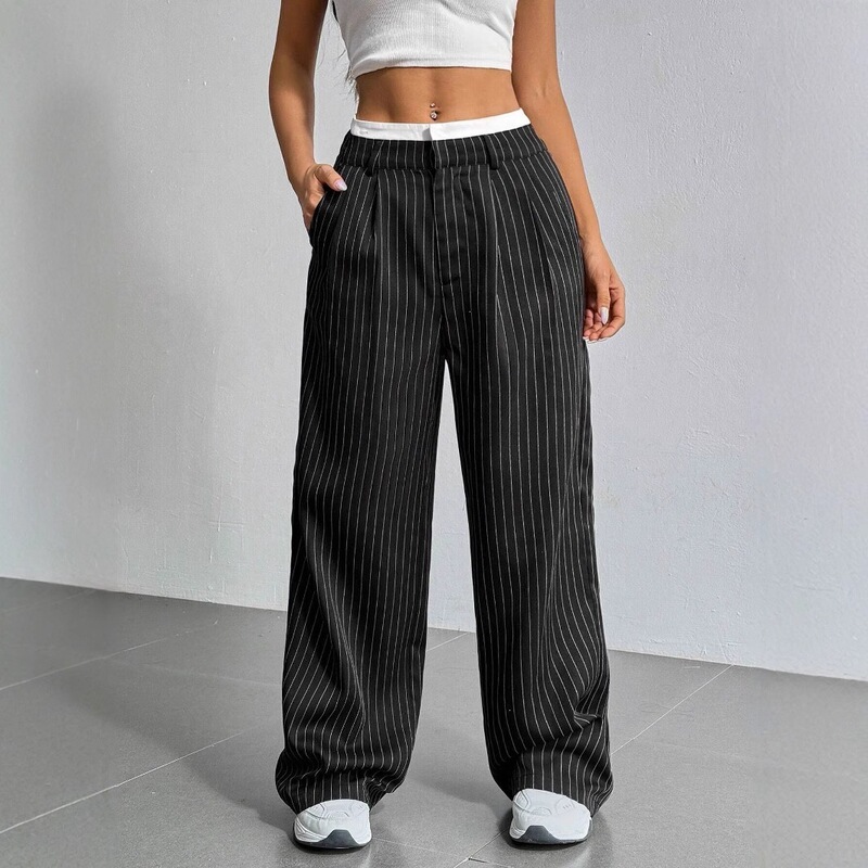 2026 European and American New Style Women's Trousers, Japanese and Korean Casual High-Waisted Color-Blocked Simple Drapey Striped Straight-Leg Wide-Leg Pants