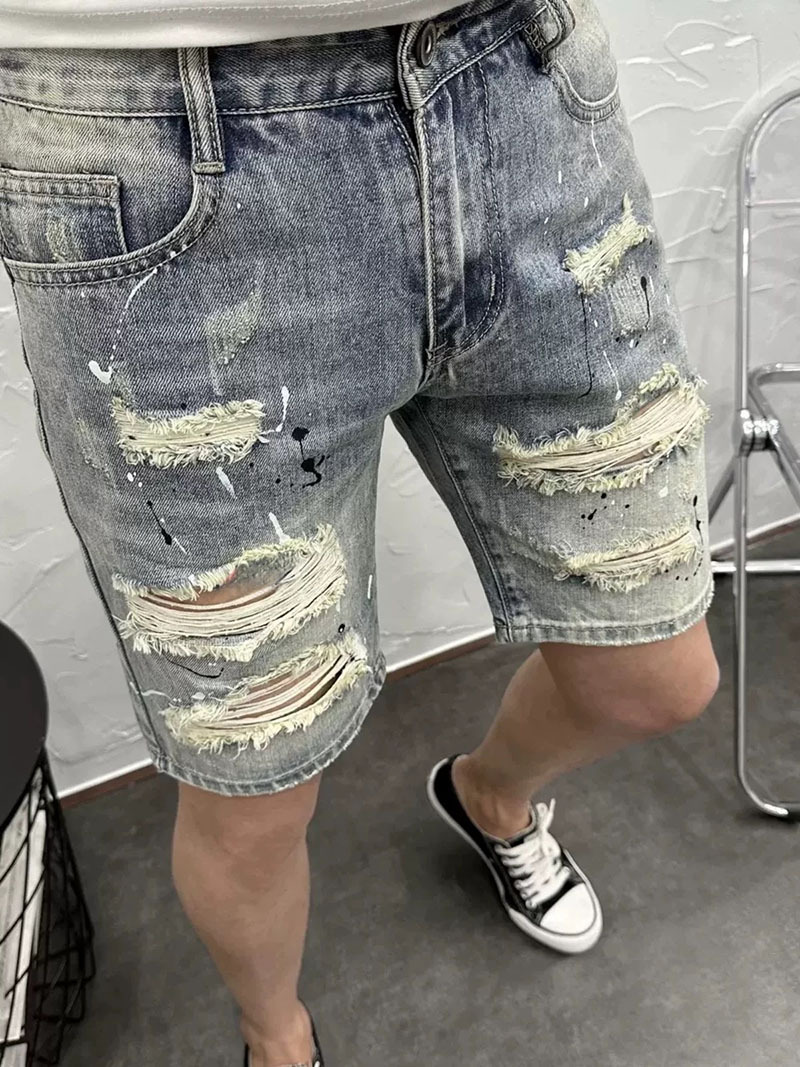 Herren Denim Shorts Retro Distressed Patchwork Stretch Sommerhose_voghion.com