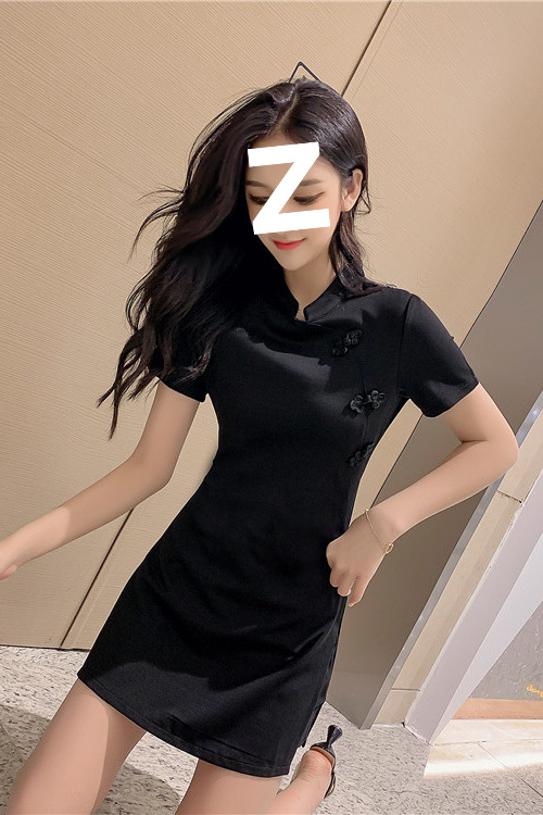 国潮新款连衣裙修身显瘦名媛小黑裙女装夏季旗袍改良版两件套潮花