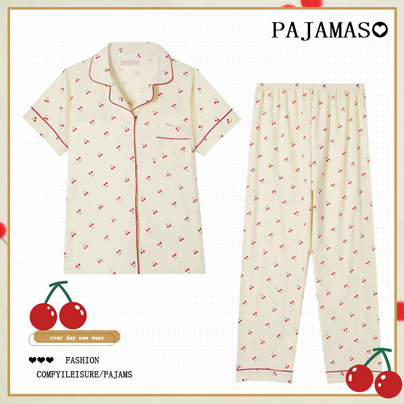 Cute Cherry Pajamas Women's Summer Student Dormitory Pure Cotton Thin Short-sleeved Girl's Cardigan Home Clothes Two-piece Suit