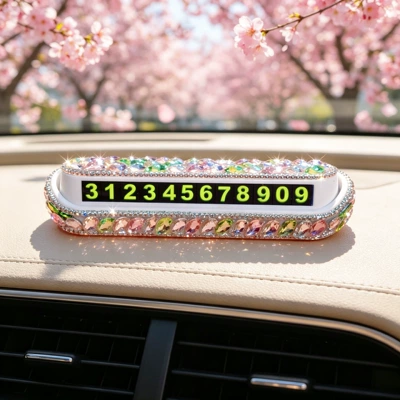 Women's Car Temporary Parking Number Plate, Hidden Movable License Plate, Cute Creative Luminous Phone Number Plate with Rhinestones