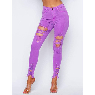 European and American foreign trade explosions high waist elastic hole slim jeans women