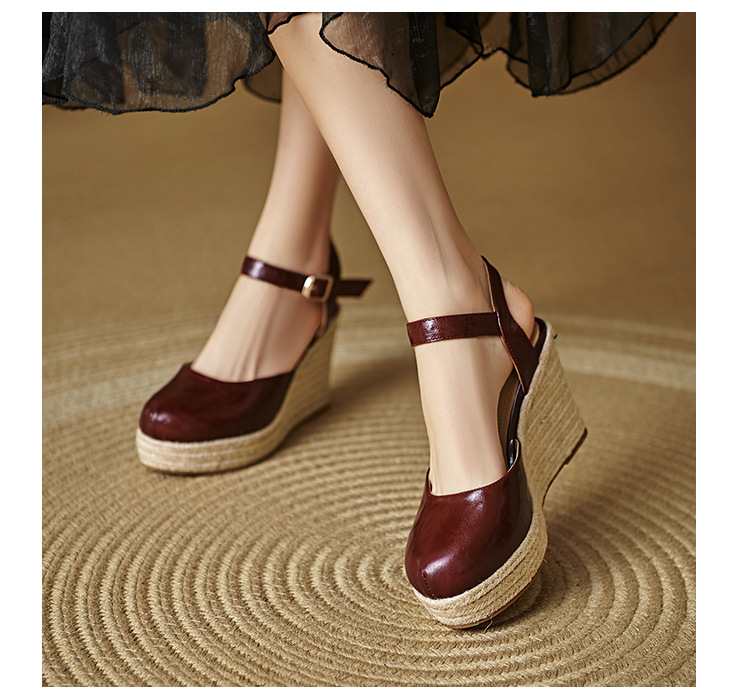 Sandal cao gót nữ quai ngang đế xuồng đan rơm, gót 9 cm — Rượu vang đỏ, màu trắng ngà chi tiết 16