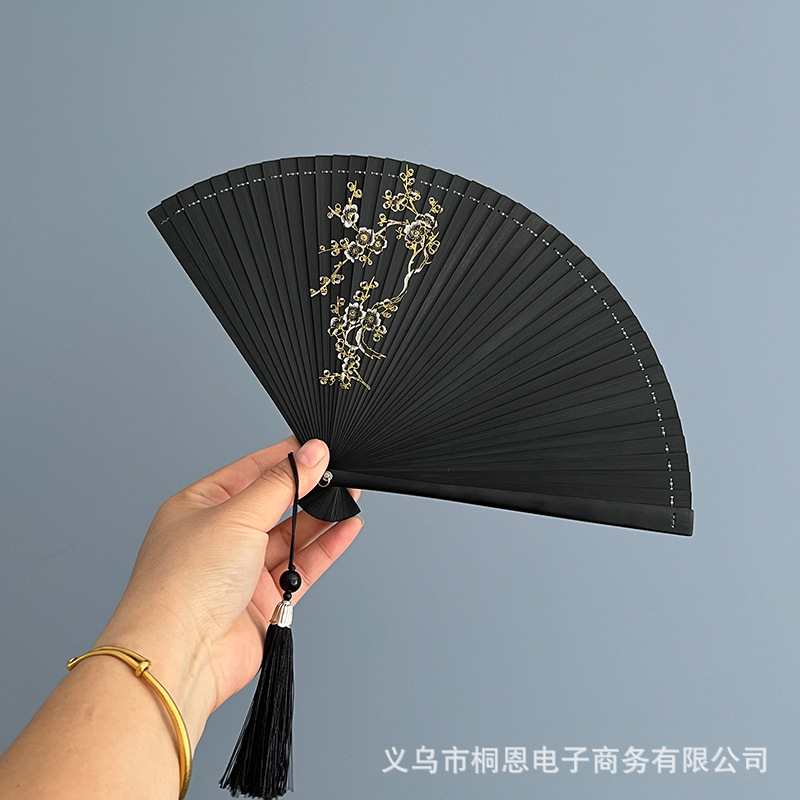 全竹折扇古風扇子中国風女性古典小柄なダンス扇子黒いハスの花の夏に折り畳み扇を持ち歩く|undefined