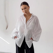 欧美宽松灯笼袖白衬衫2024简约通勤职场内搭纯棉女式衬衣批发女装