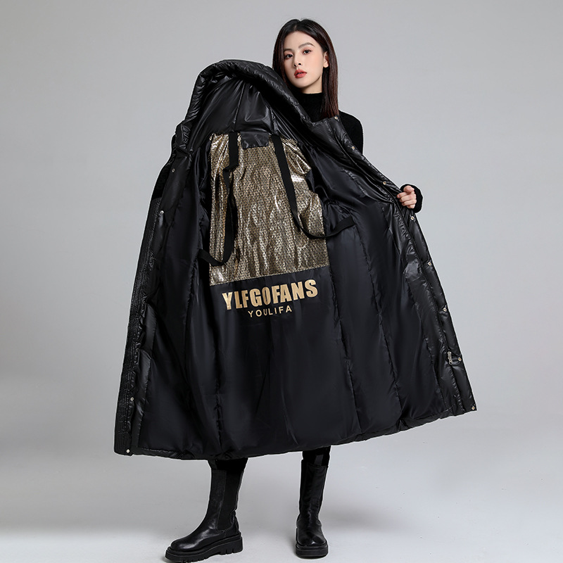 Oro negro largo plumón algodón chaqueta de algodón mujer invierno 2024 nueva pareja suelta gruesa chaqueta de algodón rodilla