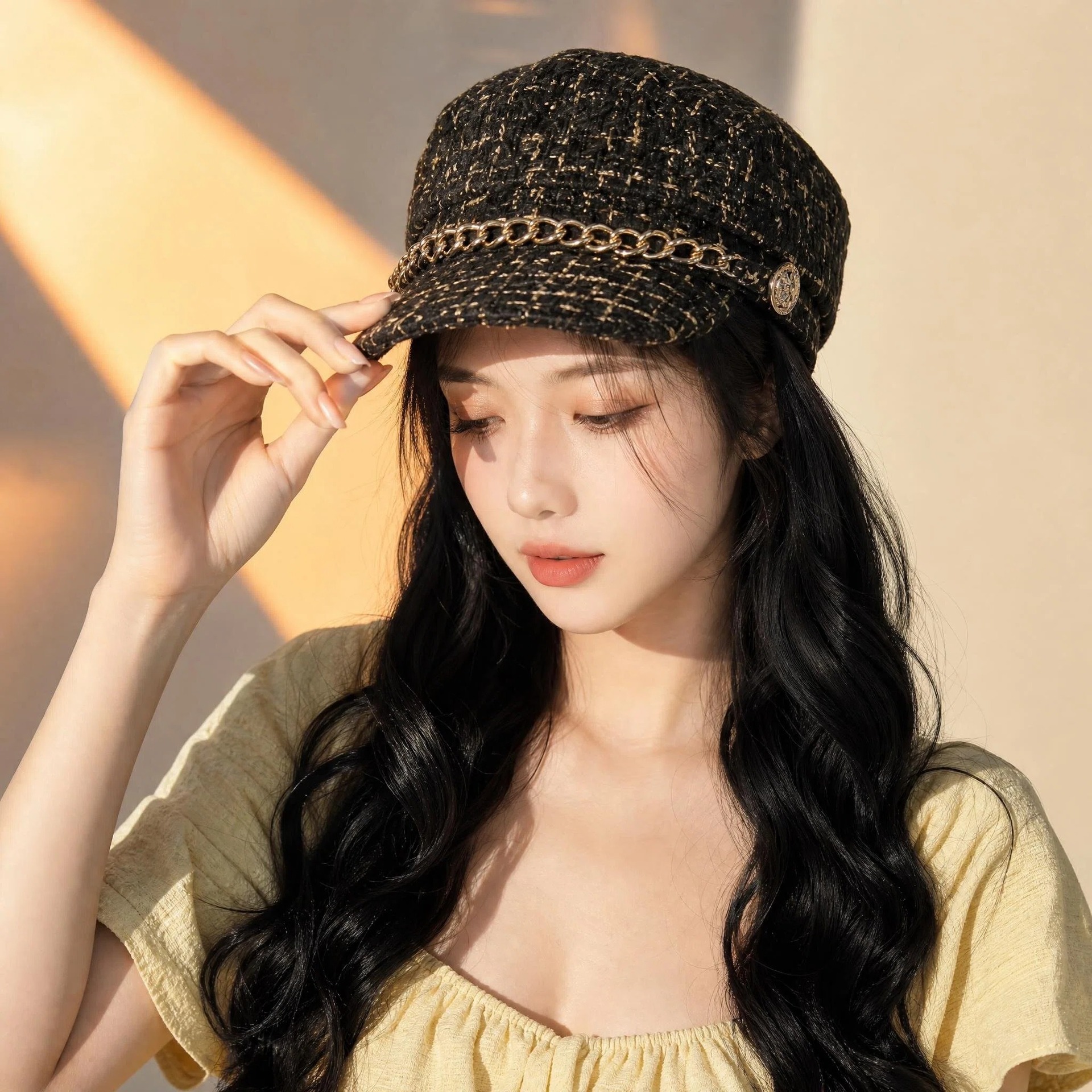 Foreign trade wig-hat combo for women, long curly hair, fashionable autumn and winter style, Chanel-inspired long curly hair, Japanese ins-style lazy curls