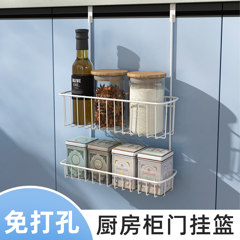 2F Double-layer Storage Basket, Hanging on the Door, Kitchen Door Backset Hanging Basket, Cabinet Door Inside Spice Rack Shelf Organizer