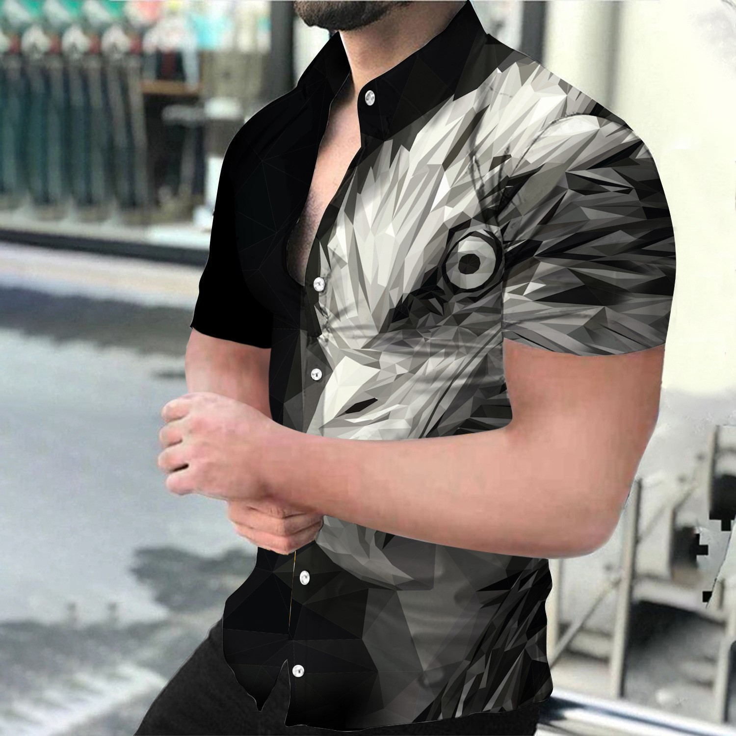 2023 Comercio exterior europeo y americano de los hombres de primavera nueva manga corta impresa casual solapa más tamaño camisa de los hombres