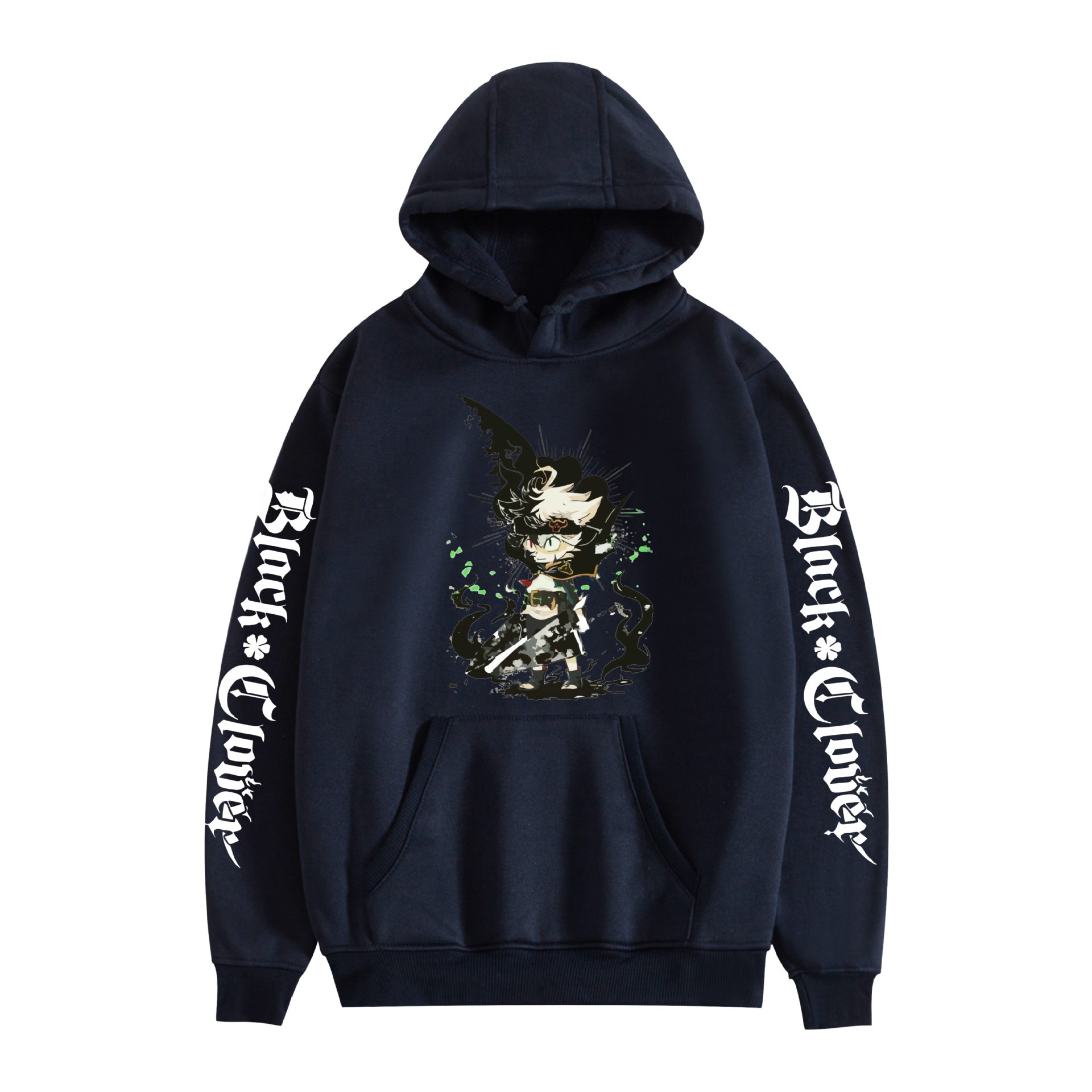 Suéter con capucha periférico de animación de trébol de cuatro hojas negro bidimensional marca de moda sudadera con capucha suelta casual más chaqueta de terciopelo nuevo