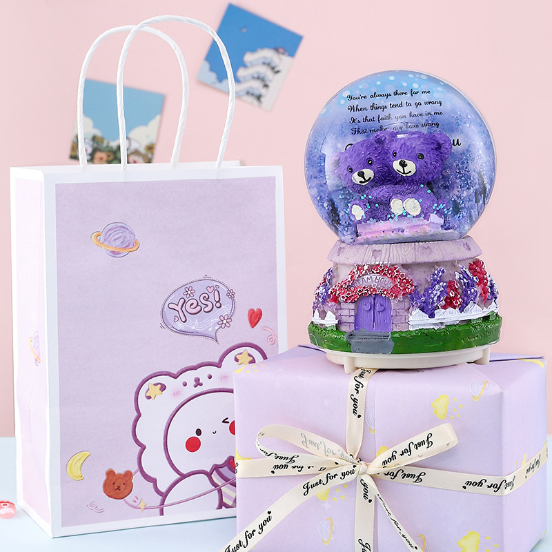Back-to-School Lavender Bear Crystal Ball Music Box Eight-Note Box Creative Birthday Gift Resin Ornament Children's Gift