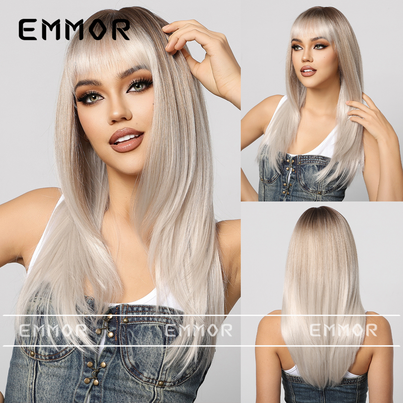 Estilo europeo y americano, flequillo completo, cabello largo y liso, mate de alto nivel, reducción natural de la edad, corte facial, peluca