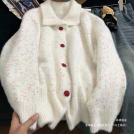秋冬新款翻领毛衣外套上衣韩系慵懒风高领白色内搭彩点针织开衫女