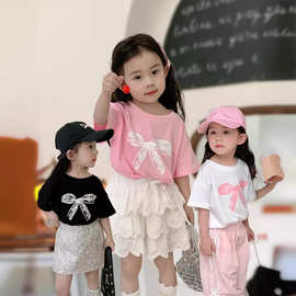 女童短袖t恤夏季2024新款儿童韩版蕾丝蝴蝶结半袖女宝宝夏装上衣