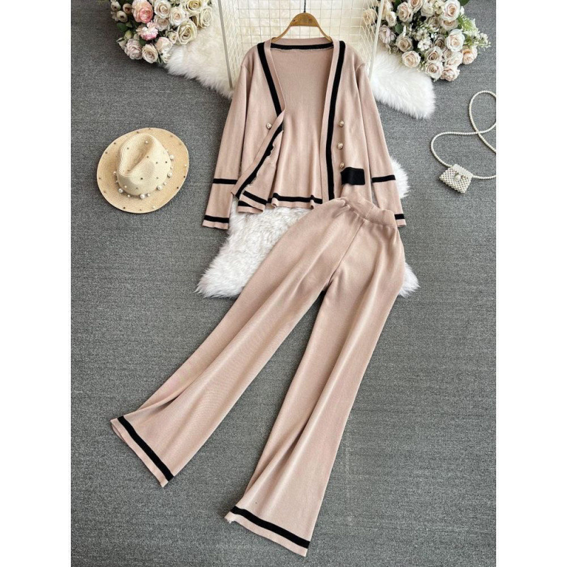 Fashion Suit for Women Korean Style Contrasting Color Long-Sleeved Knitted Cardigan Jacket Two-Piece Set Casual High-Waisted Straight Wide-Leg Pants