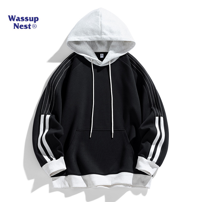 WASSUPNEST2025春秋季新款连帽美式条纹运动上衣休闲套头男款卫衣