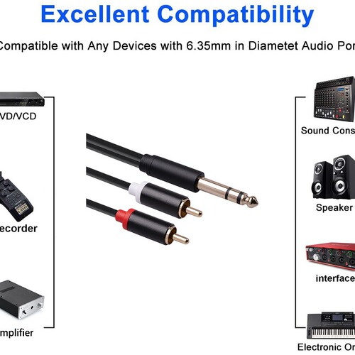 Full copper high fidelity 6.35mm plug to dual RCA male audio cable 6.5 to dual phono Y-splitter adapter