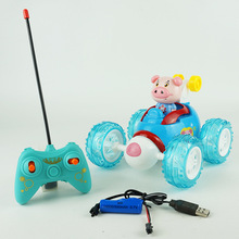 168-124四通包电带USB灯光声音萌猪特技翻斗遥控车儿童卡通玩具车