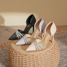 法式高跟鞋女小众名媛钻新款绸缎细跟女鞋浅口高颜值尖头单鞋女秋