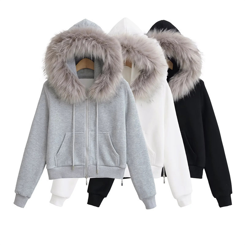 Autumn and Winter New Spice Girls American Faux Fox Fur Big Fur Collar Sweatshirt Coat Thickened Warm Hooded Casual Top for Women