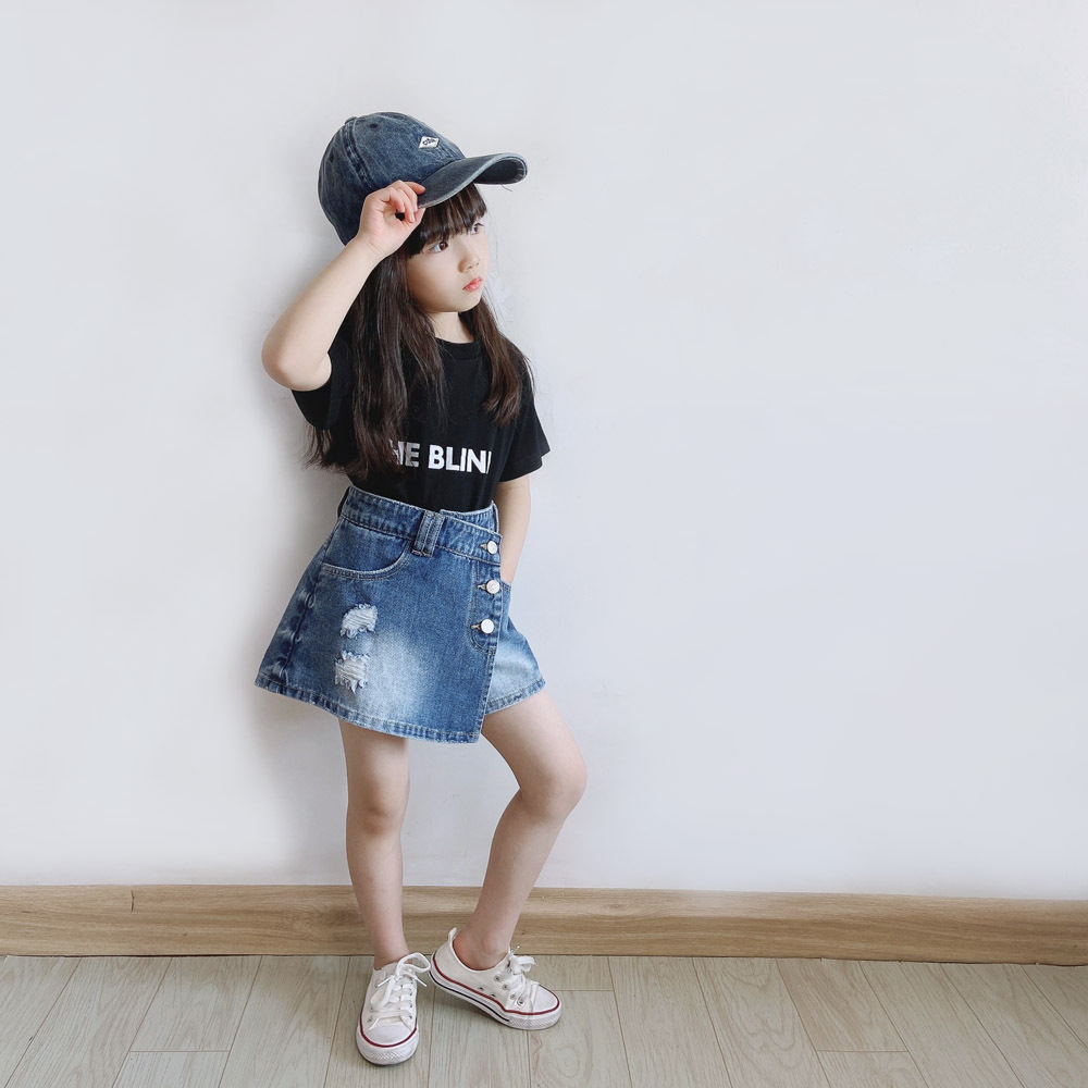 ankrt 親子裝春夏女童休閒破洞牛仔半身裙裙兒童時尚短褲子中大童