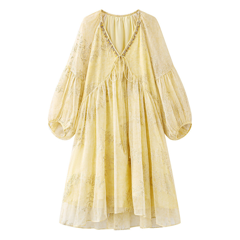 2026 Spring and Summer New Style French-Style Stunning Yellow V-Neck Embroidered Dress, Beautiful Long-Sleeved Dress for Women 2026 Spring and Summer New Style French-Style Stunning Yellow V-Neck Embroidered Dress, Beautiful Long-Sleeved Dress for Women