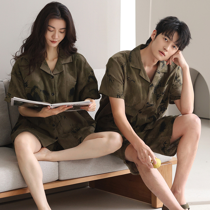 Pajamas de algodón para mujeres 2025 nuevo hombre de verano gran pareja de mangas cortas para mujeres con cojín de pecho conjunto de ropa para el hogar