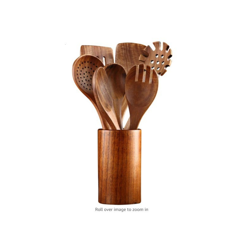 Juego de cocina de teca, cuchara de pala de madera maciza, tenedor, sartén antiadherente, utensilios de cocina de madera de acacia, espátula de mango largo, juego de cocina de 9 piezas