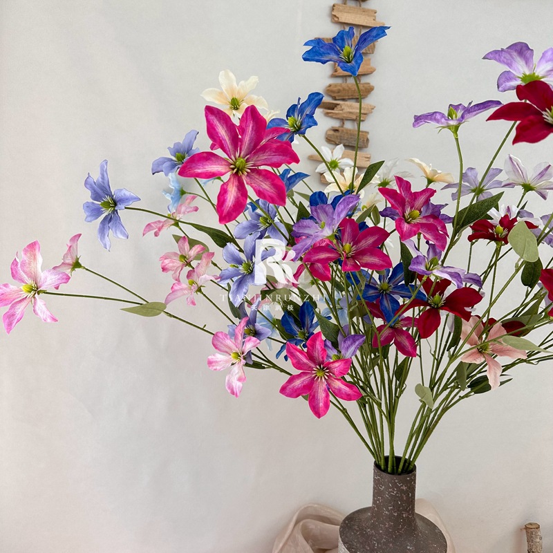跨境仿真花7頭鐵線蓮假花婚禮家居花藝插花軟裝裝飾婚慶線條花藝