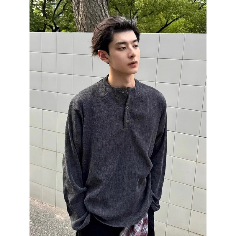 Textured Branch Pattern Black Henry Collar Long-Sleeved T-Shirt Men's Old Money Style Loose Draped Polo Shirt Sweatshirt