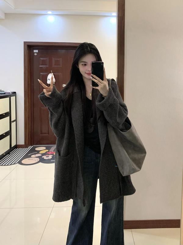 慵懒风宽松休闲针织开衫女秋冬加厚保暖气质百搭中长款毛衣外套|undefined