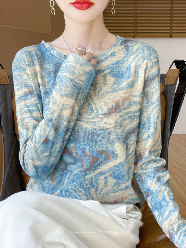 跨境莱赛尔天丝2025秋季女士扎染短款休闲圆领长袖打底衫毛衣百搭|undefined