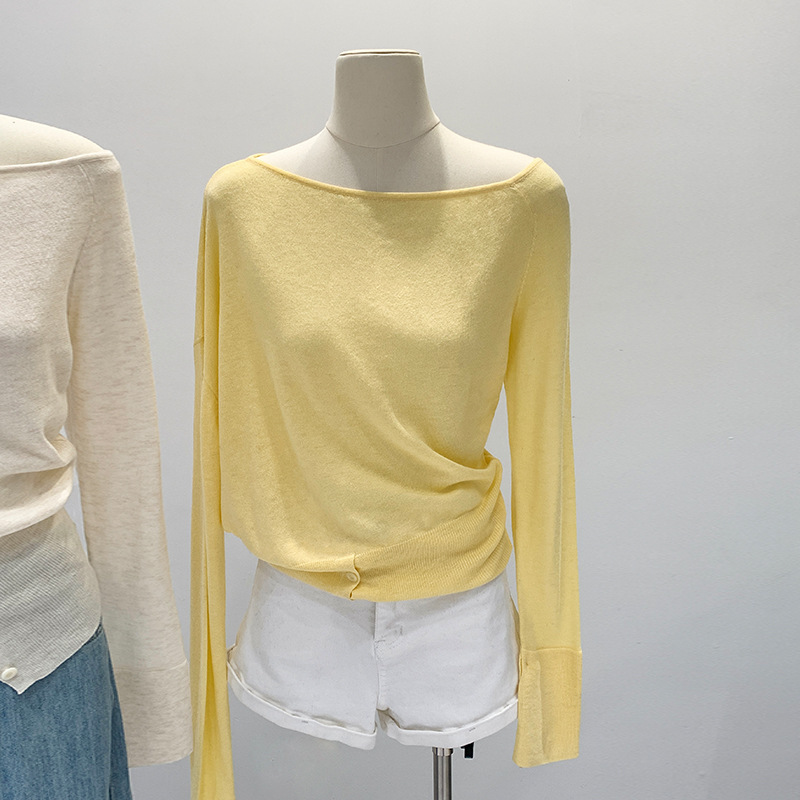 2026 Early Spring Hot-Selling Solid Color Asymmetrical Neck Off-Shoulder Long-Sleeve Knit Sweater for Women, Versatile Autumn Top, Slim-Fit Slimming Sweater